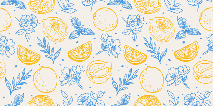 Seamless vector pattern with hand-drawn lemons, slices, blossoms, and leaves in blue and yellow ink. Fresh Mediterranean feel, perfect for textiles, packaging, and summer-themed projects.