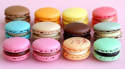 Fototapeta premium Colorful macarons arranged on a pink background
