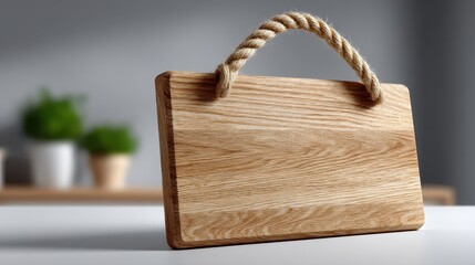 Fototapeta premium Light brown wooden sign with a natural rope handle, sitting on a white surface against a blurred background of indoor plants.