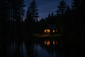 Fototapeta premium Cabin on lakeshore at night