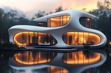 Modern Organic House Mockup with Glowing Interiors Reflected in Lake &ndash; Misty Forest Sunset Scene for Architecture and Real Estate Branding

