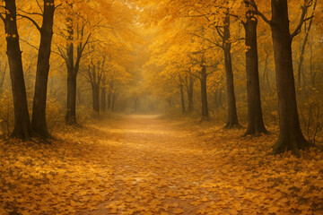 Path through forest with yellow leaves.