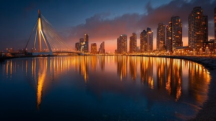 Twilight Urban Reflections A Stunning Cityscape with Modern Architecture and Iconic Bridge at