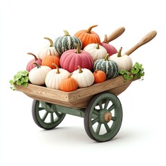 Colorful Pumpkins and Gourds in Rustic Wooden Wheelbarrow,harvest abundance season