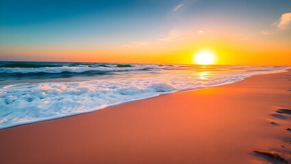 Obraz premium Golden Sunset on a Beach with Foamy Waves