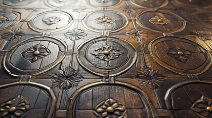 Obraz premium Artisan Woodwork: Exquisite craftsmanship is showcased in the intricate details of carved wooden panels. The warm tones of the wood are accentuated by subtle highlights.
