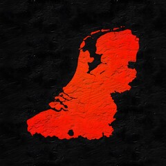 Netherlands red map on isolated black textured background. High quality coloured map of Netherlands.