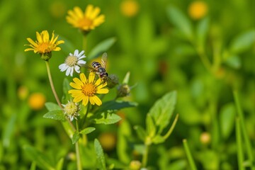 Bee collecting nectar from yellow flowers in a green meadow  