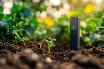 Close-up of smart sensor measuring pH and nutrients in soil,