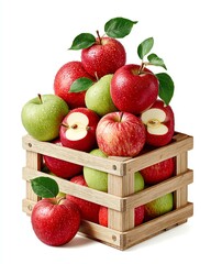 Red and Green Apples in Wooden Crate on White Background,harvest abundance season