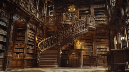 Magnificent Wooden Library with Grand Staircase