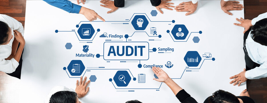 This image depicts professionals collaborating in an audit process, highlighting essential elements like compliance, findings, and materiality within a business context. Amity