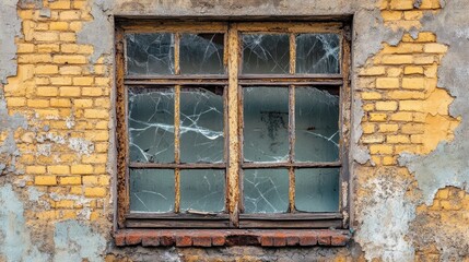 Shattered Vantage: A Broken Facade with Cracked Glass Windows Highlighting Security and Vandalism
