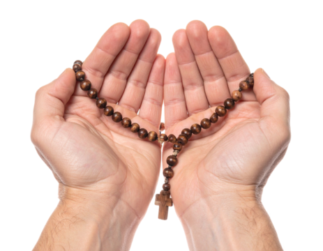 Wooden rosary in hands