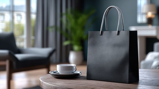 A stylish black and white patterned tote bag rests on a wooden table next to a coffee cup, in a modern living room setting. - Powered by Adobe