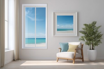 Bright coastal living room with ocean view modern design indoor space relaxing atmosphere
