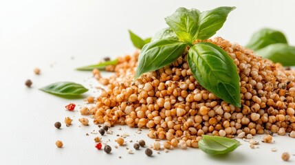Close up of toasted sorghum grains with fresh basil leaves and peppercorns on a white background. The image is bright and shows the texture of the grains.