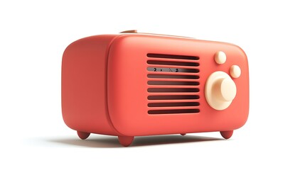 3D rendered vintage radio icon with red color and cream knobs on white background image