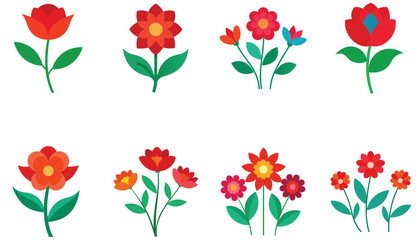 A vector illustration features a spring set of red and yellow tulip flowers, a floral bouquet blooming with natural beauty