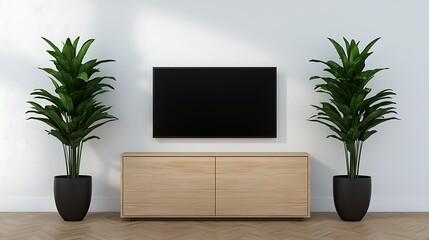 Minimalist Interior Design: Modern Media Console with Flat Screen TV and Lush Green Plants Against White Wall.