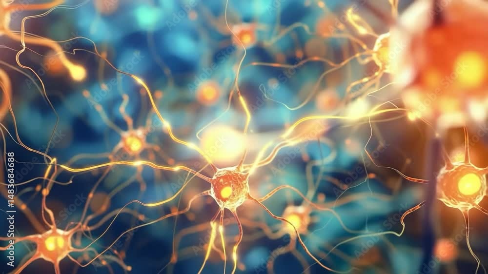 Poster futuristic digital neural network with glowing orange pathways for modern technology and ai design