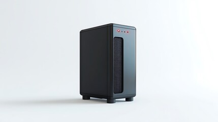 Fototapeta premium 3D rendering of high-tech black system unit with blue glowing lights and elegant design isolated image