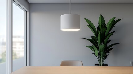 Minimalist Interior Scene: Wood Table, Modern Lamp, Green Plant, Neutral Wall, Window Light, and a Chair.