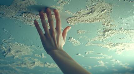 Hand touching textured, peeling light blue ceiling surface