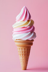 A soft-serve ice cream cone with three layers of different colors