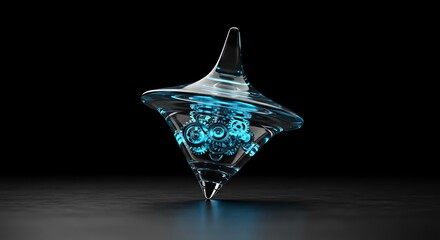 Sleek studio shot of a precisely crafted crystal spinning top, its transparent casing revealing an intricate mechanism of luminous blue gears and cogs, perfectly balanced on its sharp point. 