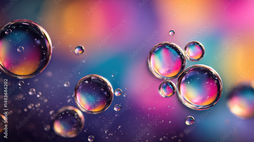 Poster colorful floating bubbles with sparkling reflections and soft blurred background creating a dreamy a