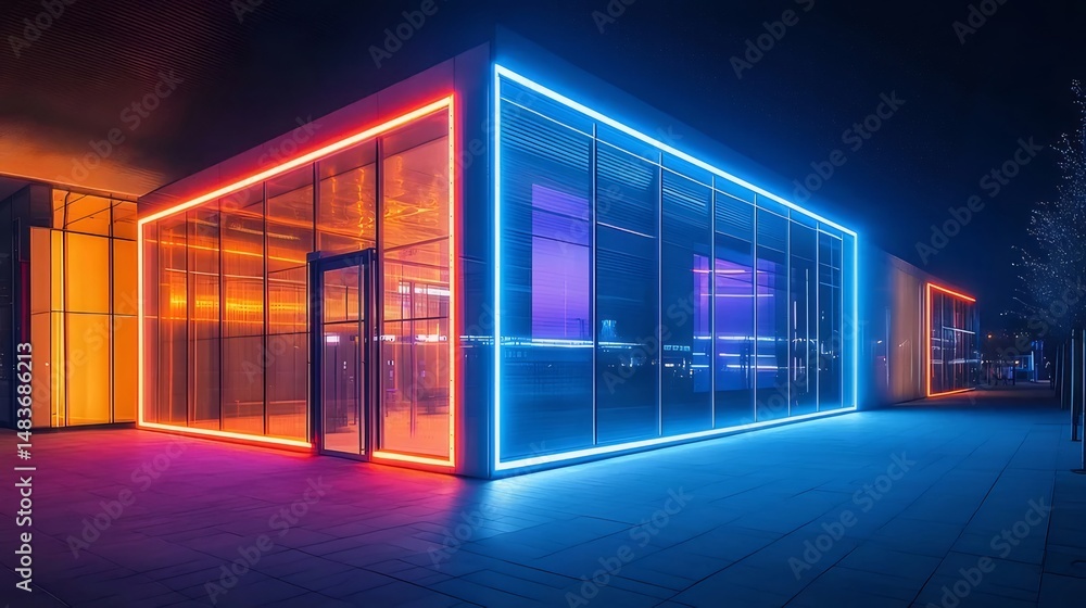 Aufkleber ネオン照明付きの近代的な建築物の夜景 都市景観と明るい構造が特徴