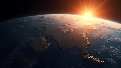 Sunrise over North America from space with visible country borders. 3D illustration.