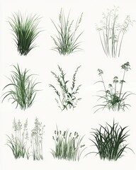 Naklejka premium Silhouetted Tufts of Marsh Grass: Diverse Elements in Natural Green Shades