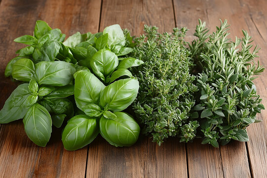 Fresh culinary herbs basil thyme rosemary