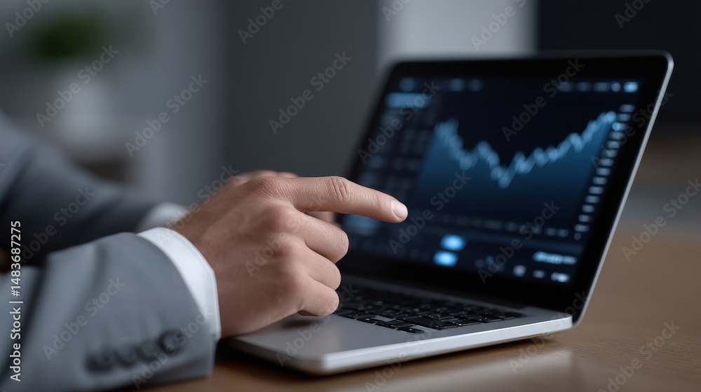 Aufkleber close up of hands interacting with a laptop displaying a stock market graph, showing financial data 