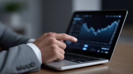 Close up of hands interacting with a laptop displaying a stock market graph, showing financial data analysis.
