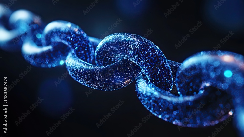 Poster a close up view of a digital chain link with blue glowing particles against a dark background scene