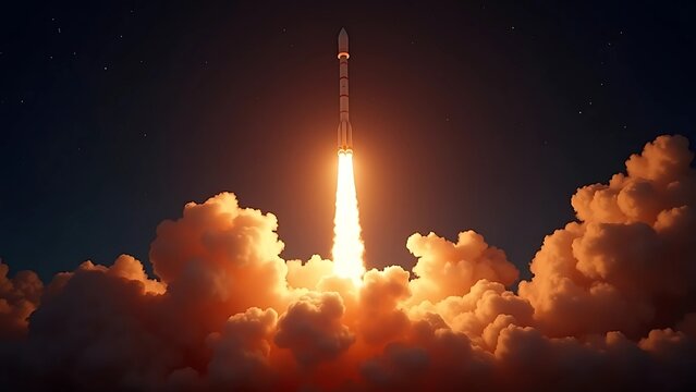 Rocket taking off into the night sky. 3D Rendering.