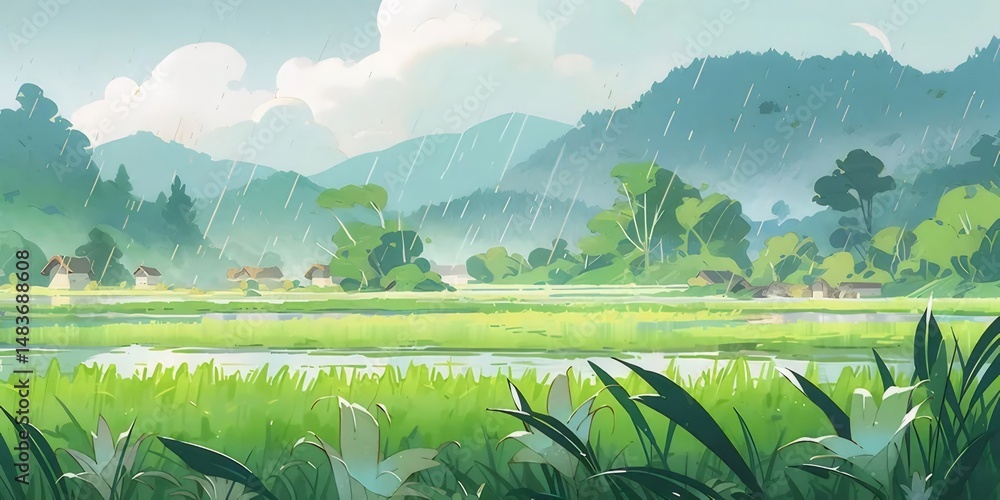 Poster 穏やかな田園風景 ピクセルアート調の田んぼと緑の山々 水面に映る空と太陽の光 田舎の村の家々が背景に広がる静かで美しい日本の夏