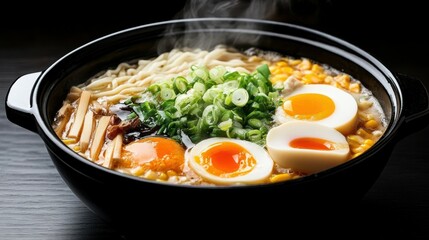 A steaming pot of traditional ramen surrounded by fresh ingredients
