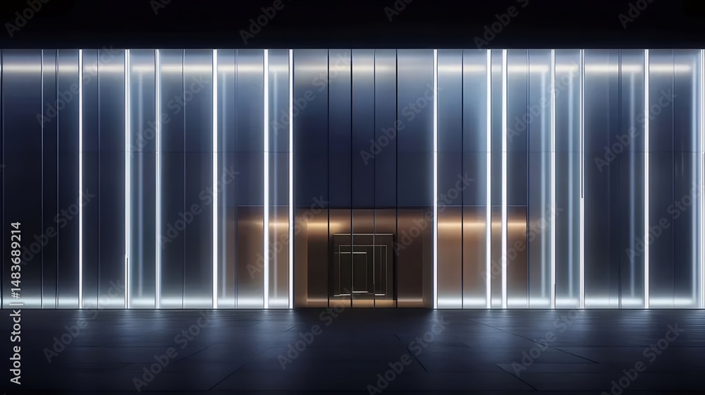 Aufkleber 夜の都会的な建築物の正面玄関、青と白の垂直照明ストライプ、ミニマリストデザインと反射する表面を持つ建物の詳細な外観
