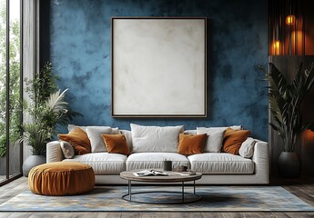 Cozy Living Room Mockup with White Sofa, Orange Cushions, Round Coffee Table, and Blank Canvas on Blue Wall &ndash; Interior Design Scene for Artwork and Decor Display

