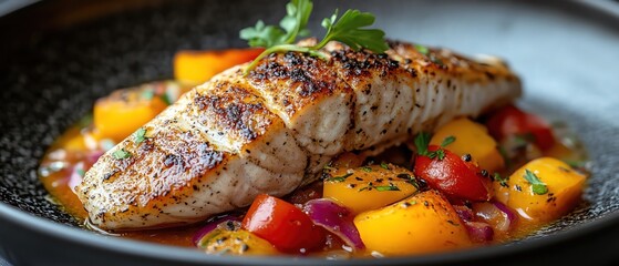 Barbadian flying fish with coucou frontal island cuisine colorful dish tropical tone