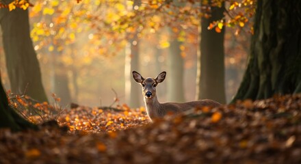 Autumn Forest Wildlife: Deer Among Golden Leaves in Soft Morning Light