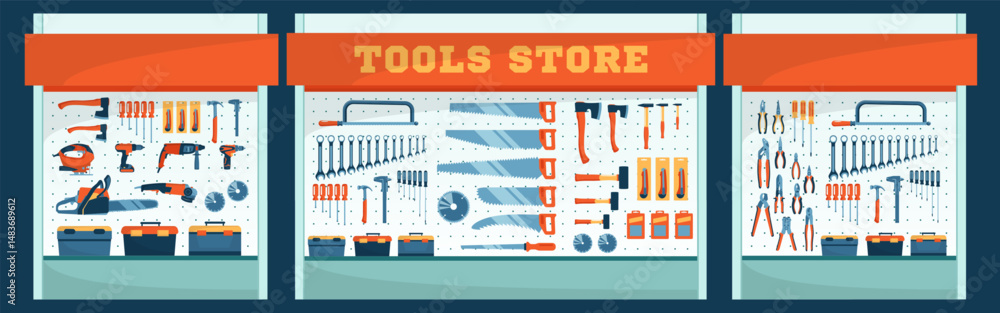 Poster cartoon color showcase set of tool store assortment of hand instruments and power tools concept flat