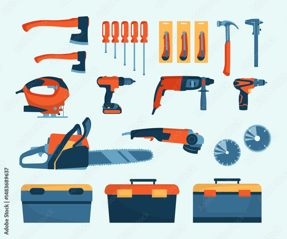 Poster cartoon color tool store element set concept flat design style. vector illustration of power tools
