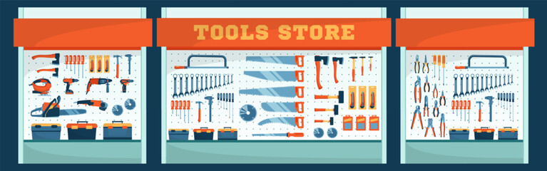 Cartoon Color Showcase Set of Tool Store Assortment of Hand Instruments and Power Tools Concept Flat Design Style. Vector illustration