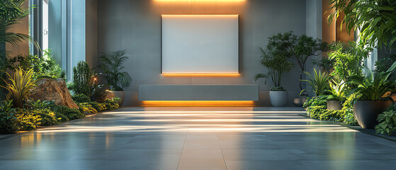 Modern indoor garden lobby with lush green plants, glowing blank frame on the wall
