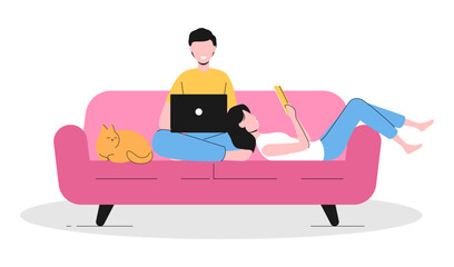 Cartoon Color Characters Family and Home Spends Time Together Concept. Vector illustration